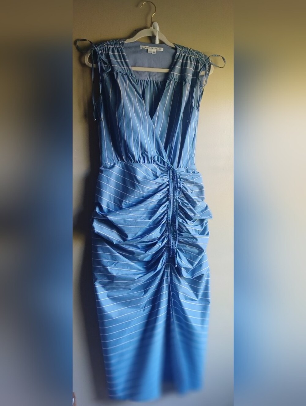 VERONICA BEARD Teagan Stripe Ruched V- neck Midi Dress sz 2